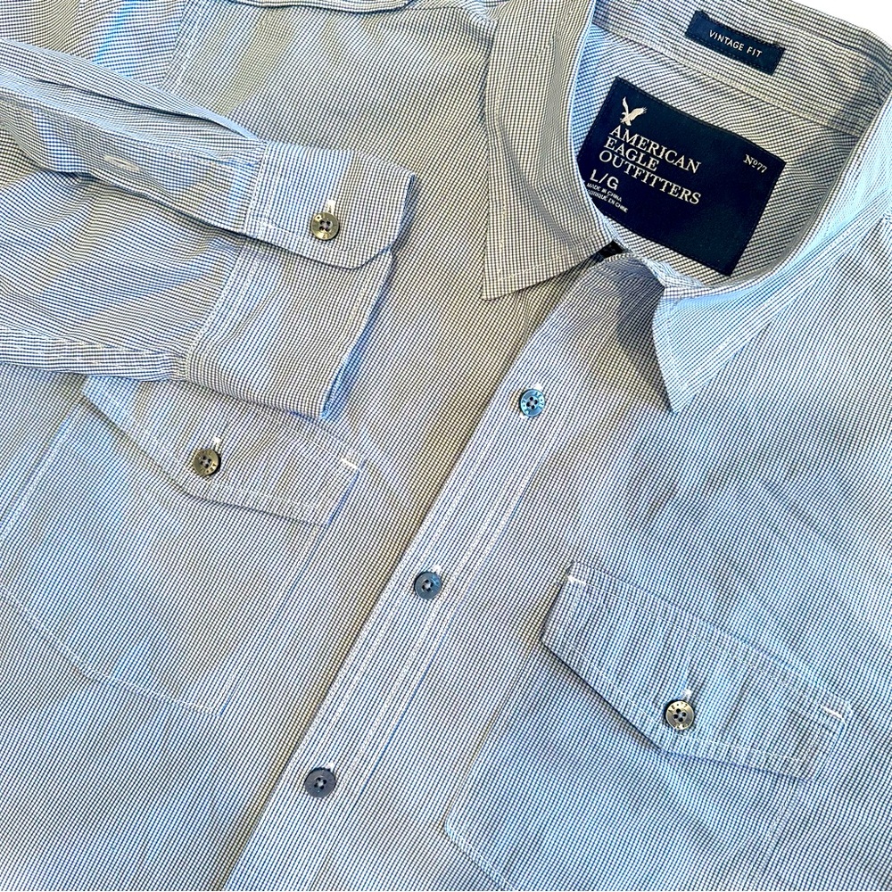 American Eagle Shoulder Straps 100%‎ Cotton Shirt Men's Large Light Blue Pockets